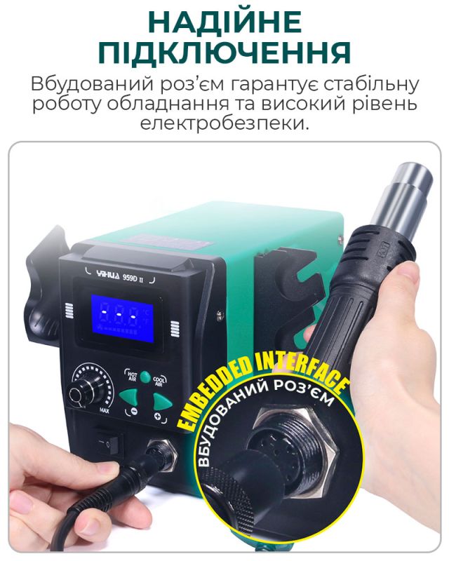 Термоповітряна паяльна станція YIHUA 959D II термофен / 100-480°С / 120 л/хв / 5 насадок / 700 Вт