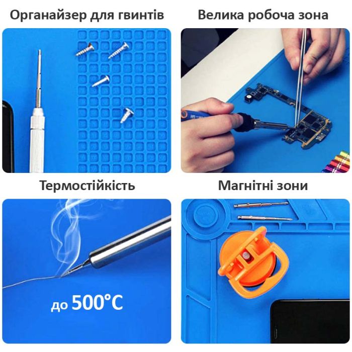 Мат силиконовый, термоустойчивый AIDA S-140, для ремонта техники и раскладки запчастей / 350x250 мм Blue