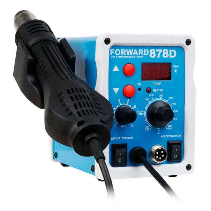 Паяльная станция Forward 878D 2 в 1 термофен + паяльник, LED дисплей, 3 насадки, 100 - 480°C, 700 Вт