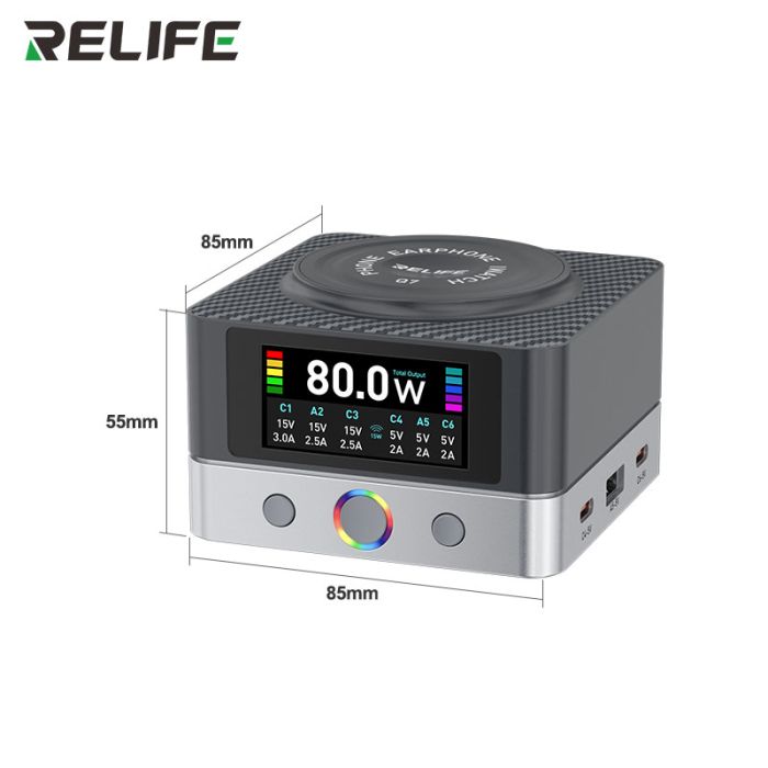 Быстрое зарядное устройство RELIFE Q7 / 4xUSB Type-C / 2xUSB / Беспроводная зарядка / 80 Вт Max