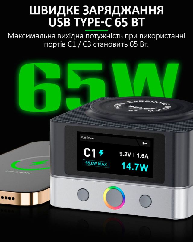 Быстрое зарядное устройство RELIFE Q7 / 4xUSB Type-C / 2xUSB / Беспроводная зарядка / 80 Вт Max