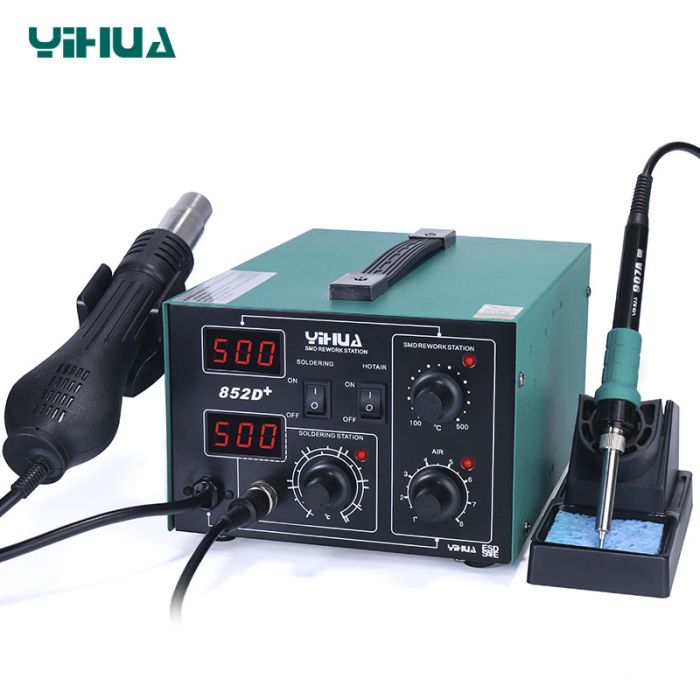 Паяльная станция 2 в 1 YIHUA 852D+ FAN / паяльник 50 Вт + термофен 650 Вт / LED дисплей / 3 насадки