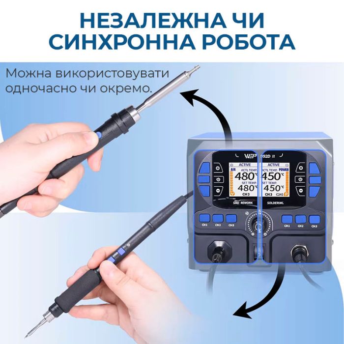 Паяльная станция 2 в 1 WEP 992D-II / прецизионный термофен + паяльник C210 / 90-450°C / 10 л/мин / 210 Вт