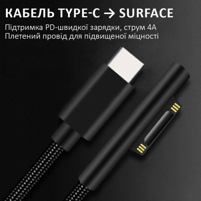 Кабель USB Type-C для Microsoft Surface Pro / Book / Laptop / Go / в оплетке / 15В / 4А / 1.8м
