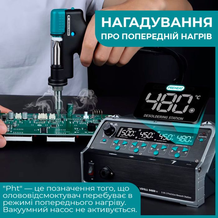 Паяльний комплекс YIHUA 948D-IV / 5 в 1 / фен + паяльник C245 + термопінцет + олововідсмоктувач + пінцет / 1410 Вт