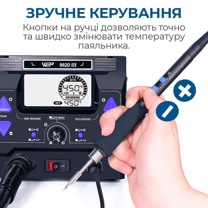 Паяльная станция 2 в 1 WEP 992D-III / термофен + 2 паяльника C210 C245 / 3 канала памяти / 1220 Вт