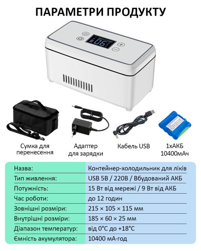 Медицинский портативный мини холодильник Coolbox CL-0501 для лекарств, инсулина / сумка / USB / 220V / АКБ