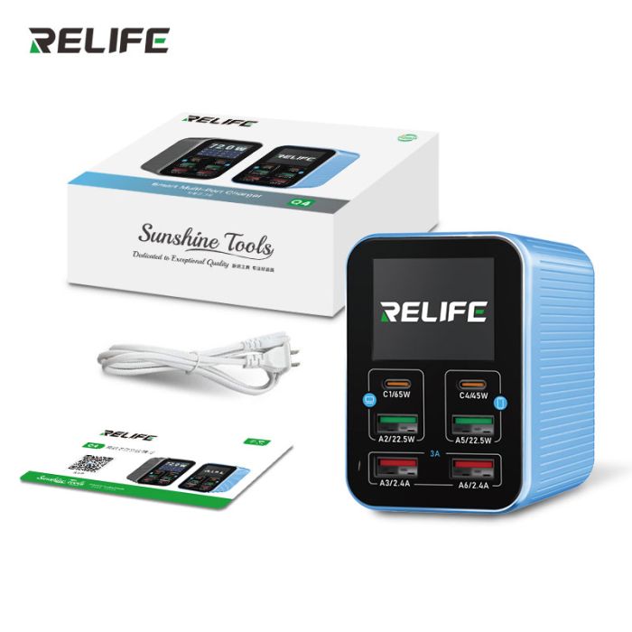 Швидкий зарядний пристрій RELIFE Q4 / 2xUSB QC / 2xType-C PD / TFT дисплей / 72W Max / Blue