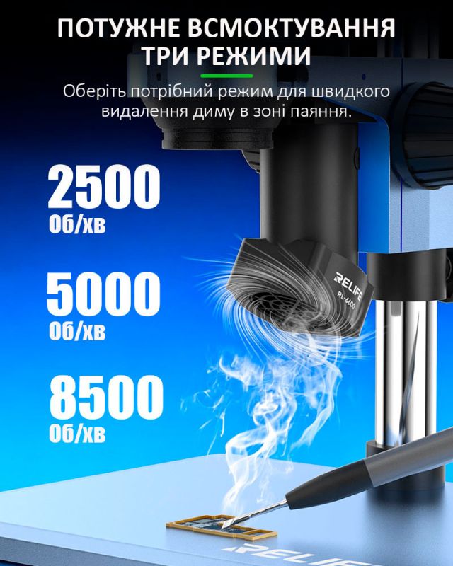 Дымопоглотитель RELIFE RL-6600 под микроскоп / вытяжка дыма для пайки компактная Black