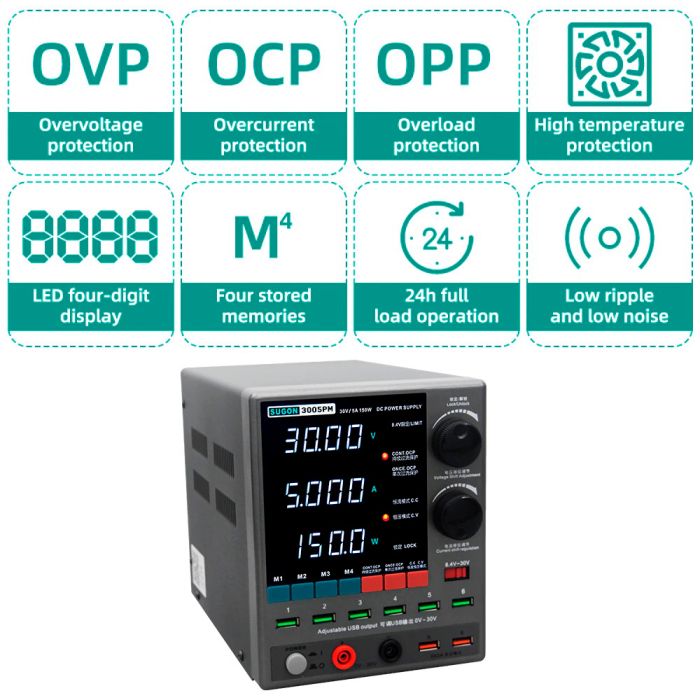 Блок живлення Sugon 3005PM 30V 5A, трансформаторний, з цифровою індикацією (V/A/W), USB, 4 канали пам'яті