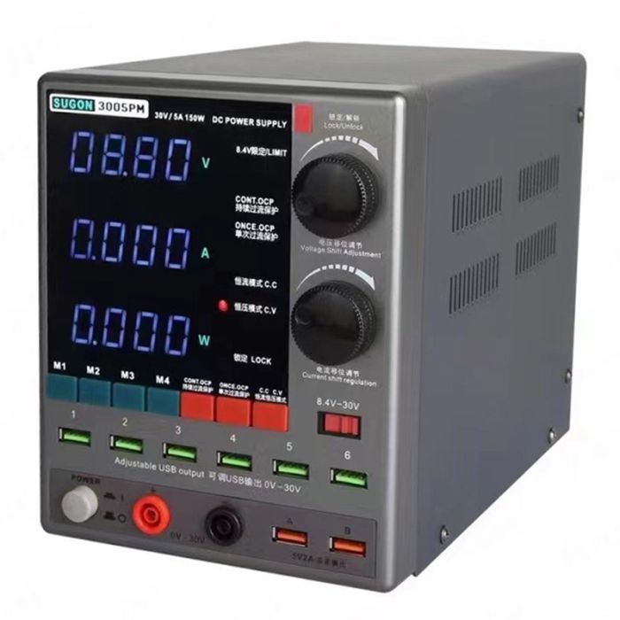 Блок живлення Sugon 3005PM 30V 5A, трансформаторний, з цифровою індикацією (V/A/W), USB, 4 канали пам'яті
