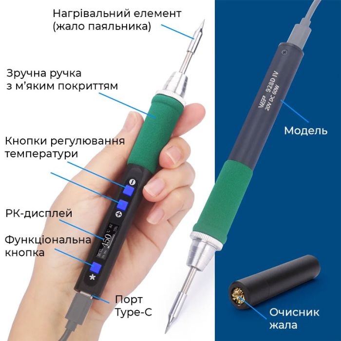 Паяльник прецизійний WEP 928D IV портативний / жало C235-I / 450°C / підставка з губкою / Type-C