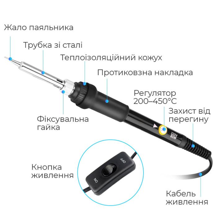Паяльник SL-908 з регулюванням температури 200 - 450°С / кнопка увімкнення / жало 900М / 60 Вт Синій