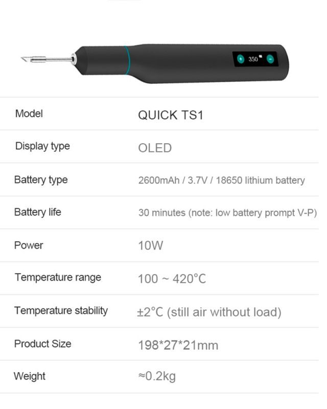 Прецизионный портативный паяльник Quick TS1 / 100-420°C / OLED / 2600 mAh / Type-C / 10W