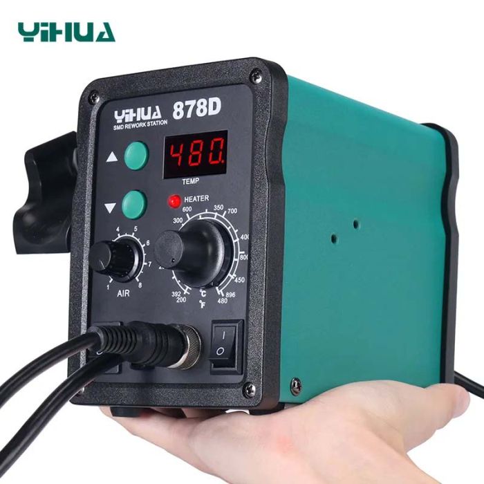 Паяльная станция YIHUA 878D 2 в 1 фен / паяльник / цифровая индикация / турбинная / 100 - 480°C / 700 Вт