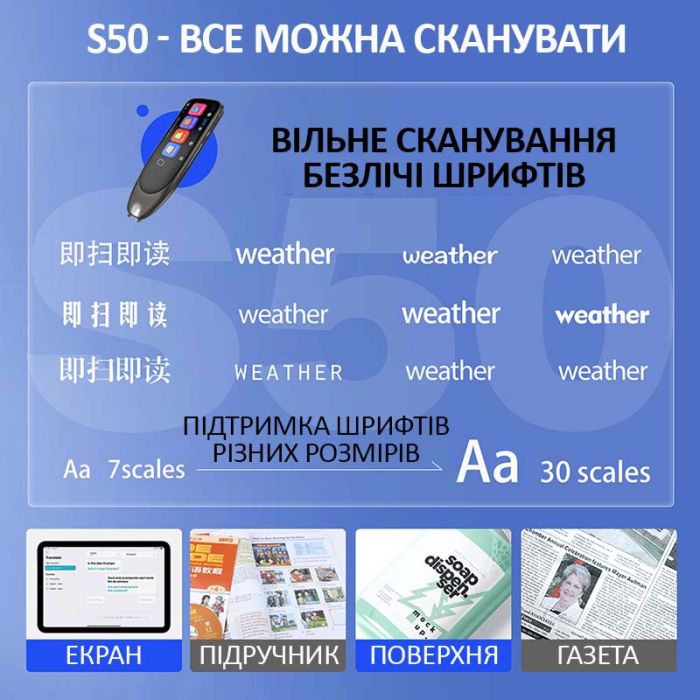 Голосовий перекладач ручка-сканер S50 / 134 мови / Онлайн, офлайн переклад / 1500 mAh / WI-FI