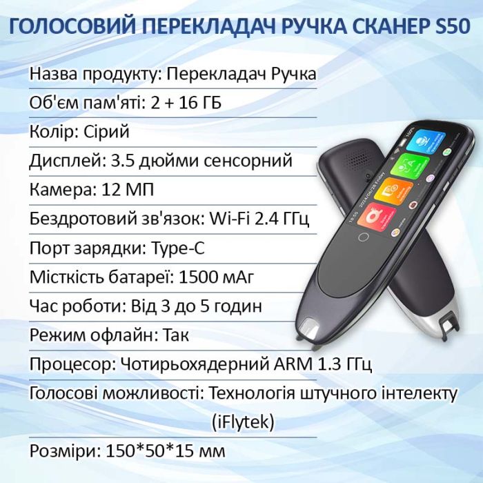 Голосовий перекладач ручка-сканер S50 / 134 мови / Онлайн, офлайн переклад / 1500 mAh / WI-FI