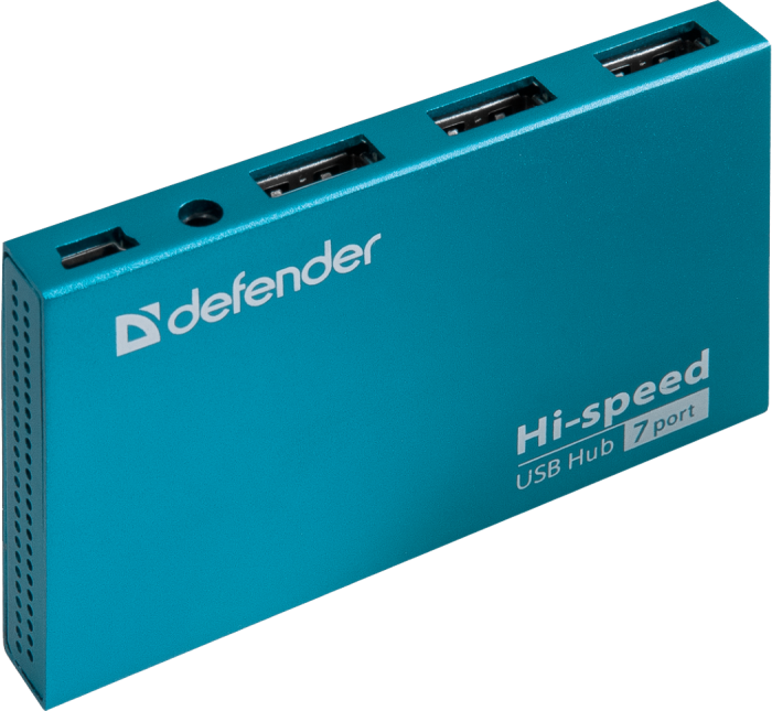 Концентратор USB 2.0 Defender Septima Slim, Cyan, 7xUSB 2.0, зовнішній БП (83505)