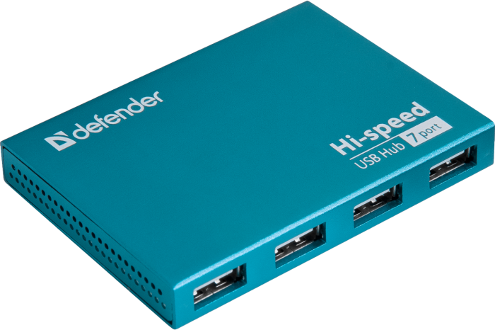 Концентратор USB 2.0 Defender Septima Slim, Cyan, 7xUSB 2.0, зовнішній БП (83505)