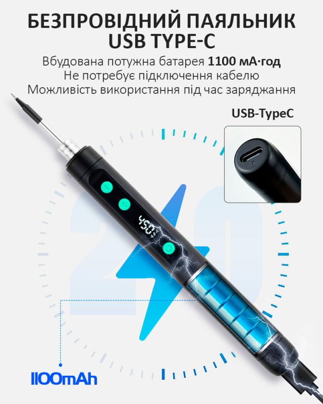 Портативний паяльник PS-5134 / 180-450°C / жало / губка / підставка / 5В USB Type-C / 15Вт Blue