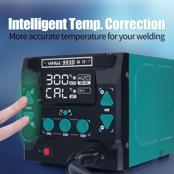 Термовоздушная паяльная станция YIHUA 993DM-IV фен / 1000 Вт / 100-500°С / 120 л/мин / сменные насадки