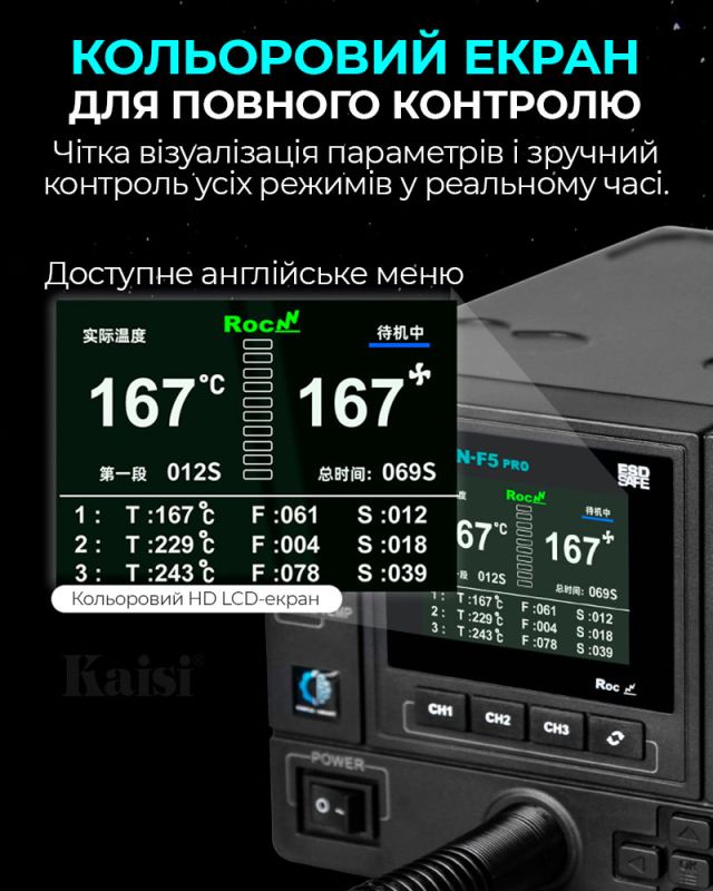 Паяльна станція термовоздушна Aifen F5 Pro / 100 – 500°C / 3 канали пам'яті / 6 насадок / 1000 Вт