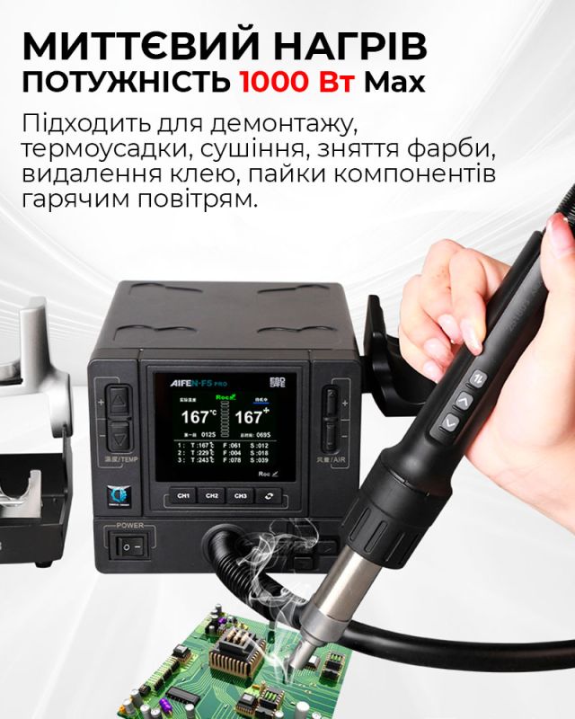 Паяльная станция термовоздушная Aifen F5 Pro / 100 – 500°C / 3 канала памяти / 6 насадок / 1000 Вт