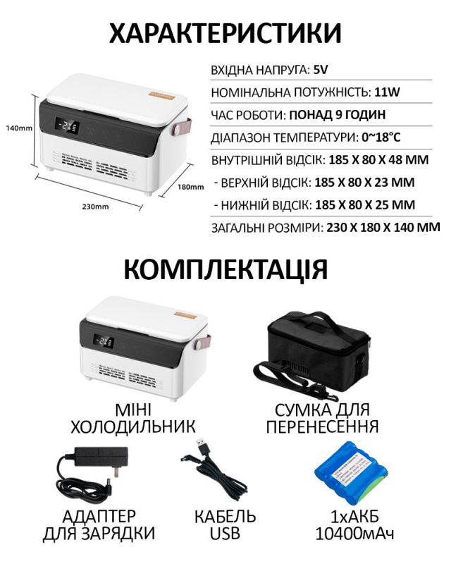 Медицинский портативный мини холодильник Coolbox для лекарств, инсулина / сумка / USB / 220V / 2xАКБ 10400mAh