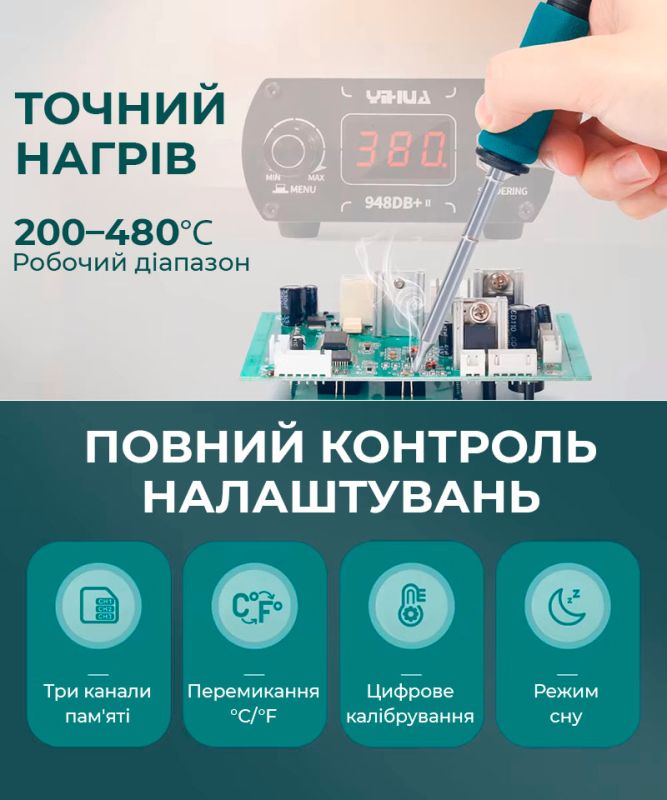 Паяльна станція YIHUA 948DB+ II / Жало T12 / 200-480°C / 3 канали пам'яті / 75 Вт