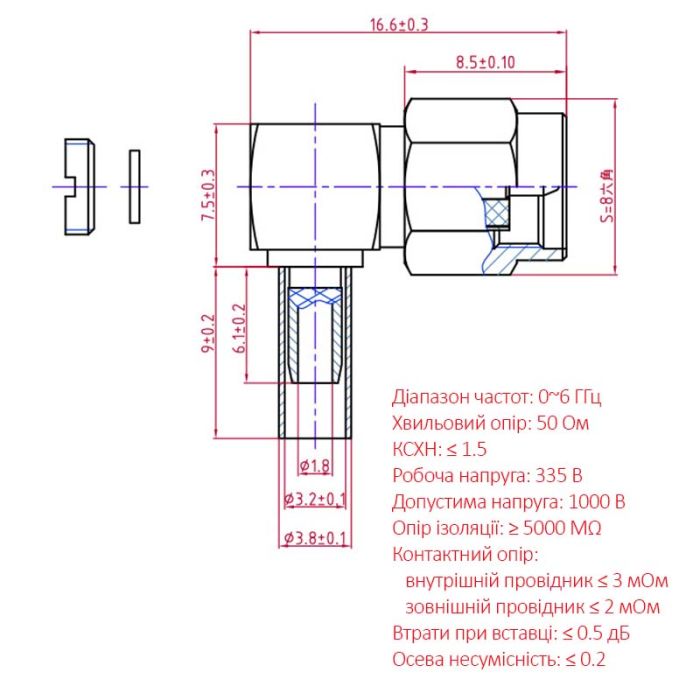 Разъем коннектор SMA-JW-1.5 SMA male (папа) угловой для кабелей RG-316, RG-174, RG-188, LMR100