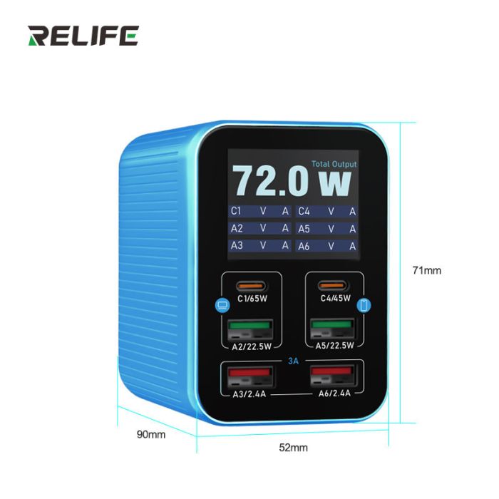 Швидкий зарядний пристрій RELIFE Q4 / 2xUSB QC / 2xType-C PD / TFT дисплей / 72W Max / Blue