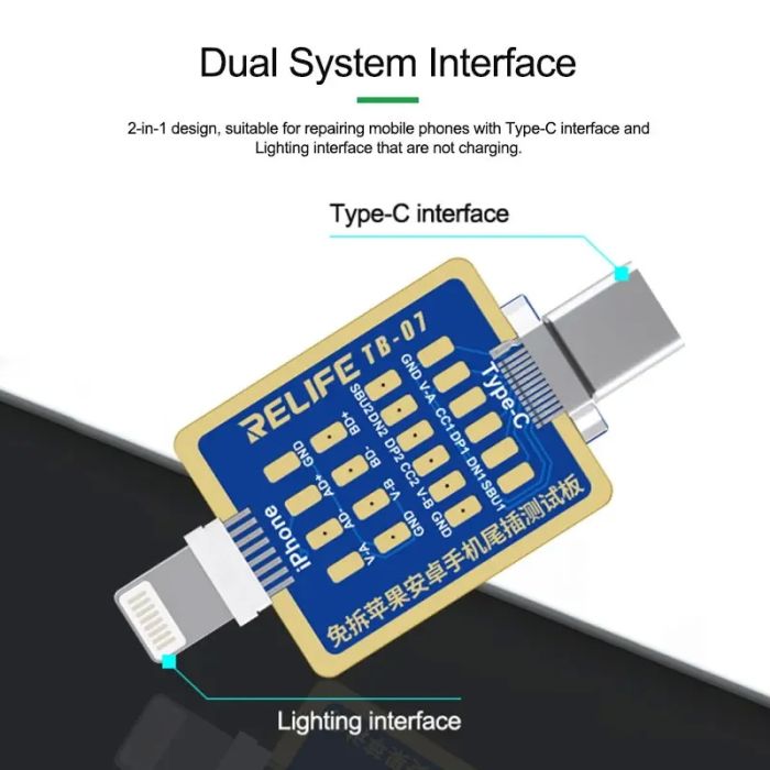 Тестова плата 2 у 1 RELIFE TB-07 для перевірки контактів роз'єму iPhone Lightning / Android Type-C