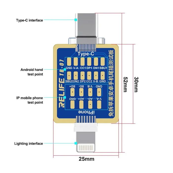 Тестова плата 2 у 1 RELIFE TB-07 для перевірки контактів роз'єму iPhone Lightning / Android Type-C