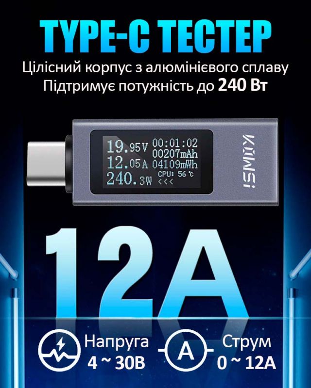 Багатофункціональний USB тестер KOWSI KWS-2301C Type-C / ударостійкий / QC3.0 / 4-30V / 12A