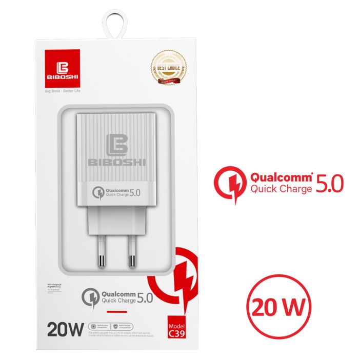 Сетевое зарядное устройство Biboshi C39 1 USB 20W / QC5.0 + кабель Lightning white