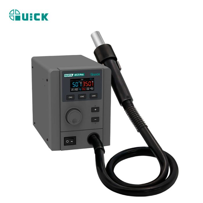 Термоповітряна паяльна станція QUICK 857 Pro / 3 канали пам'яті / 100-500°C / 40 л/хв / 580 Вт