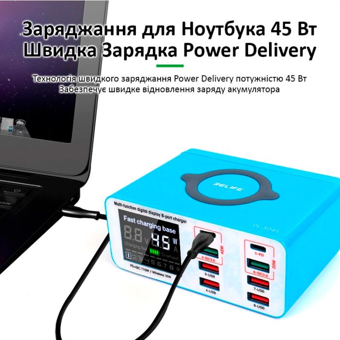 Швидкий зарядний пристрій + бездротове заряджання RELIFE RL-304S 4xUSB/2xUSB Type-C PD3.0/2xUSB QC3.0/ 100W