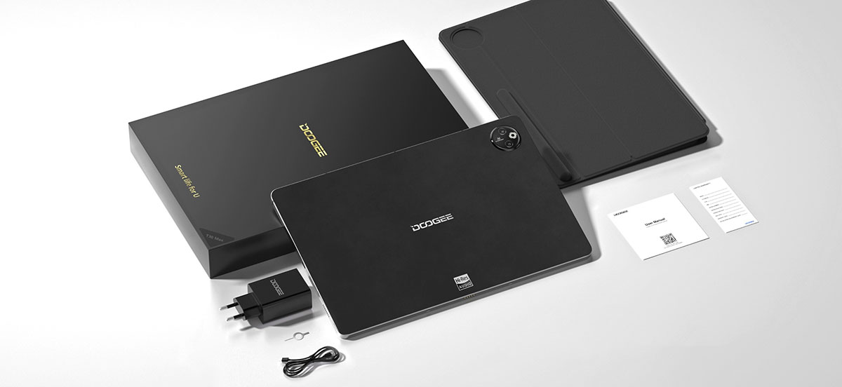 Комплектация планшета DOOGEE T30 Max — планшет, зарядное устройство 33 Вт, кабель Type-C, чехол, документация и аксессуары