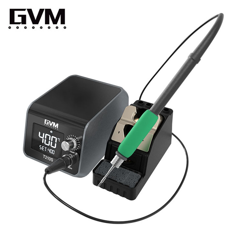 GVM T210S вид сверху: паяльник в подставке, дисплей 400°C