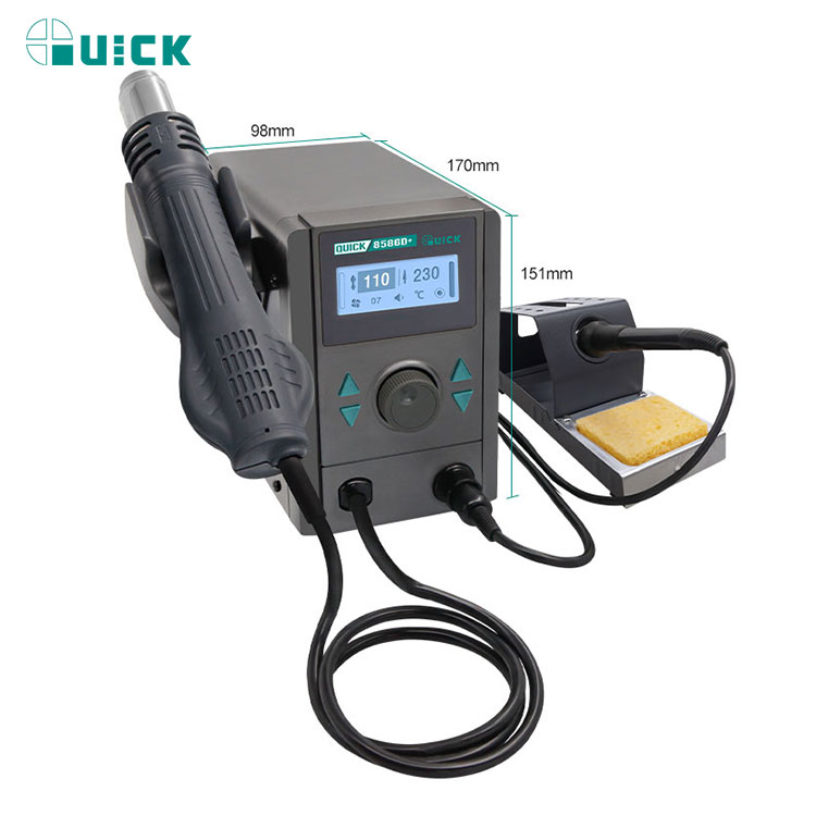 Паяльная станция 2 в 1 QUICK 8586D+ размеры 98×170×151 мм