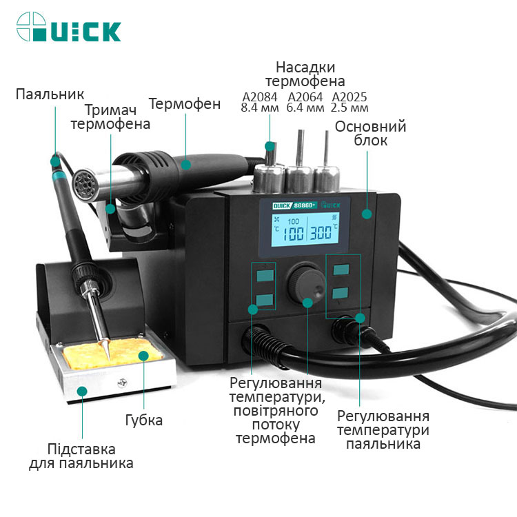 Паяльная станция QUICK 8686D+ 2 в 1 схема элементов паяльник термофен насадки