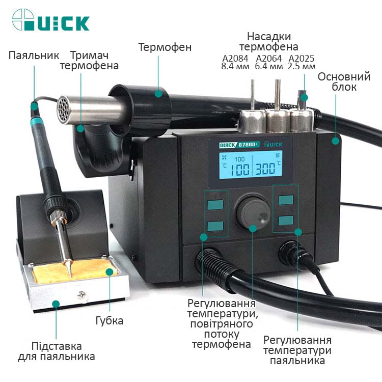 Паяльна станція QUICK 8786D+ 2 в 1 елементи конструкції паяльник термофен насадки і блок управління