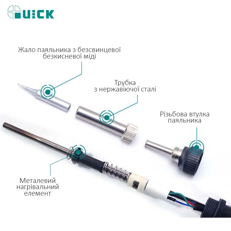 Паяльна станція QUICK 8786D+ 2 в 1 конструкція паяльника нагрівач мідне жало і трубка з нержавіючої сталі