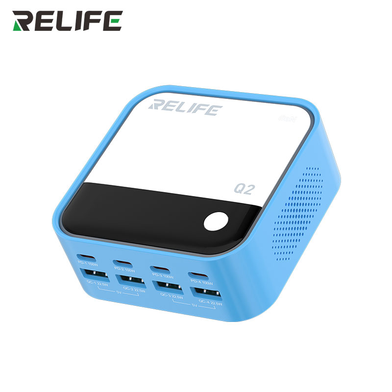 Зарядное устройство Relife Q2 GaN в голубом корпусе, вид спереди