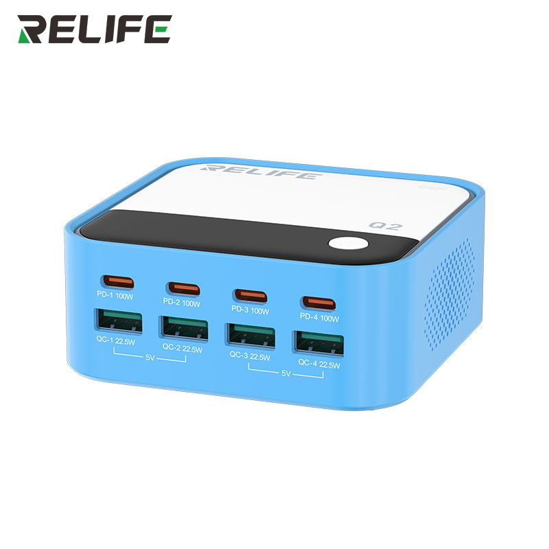Relife Q2 GaN зарядное устройство голубое с 8 портами: 4 USB QC и 4 Type-C PD