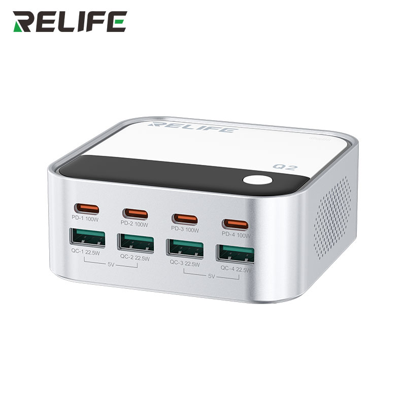 Relife Q2 GaN зарядное устройство серебристое с 8 портами: 4 USB QC и 4 Type-C PD
