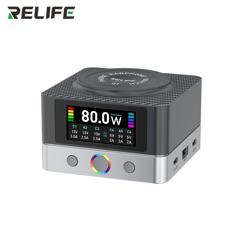 Быстрое зарядное устройство RELIFE Q7 80W общий вид с дисплеем и беспроводной зарядкой