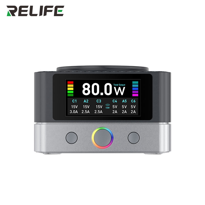 Швидкий зарядний пристрій RELIFE Q7 80W фронтальний вигляд кольоровий дисплей та RGB-індикація