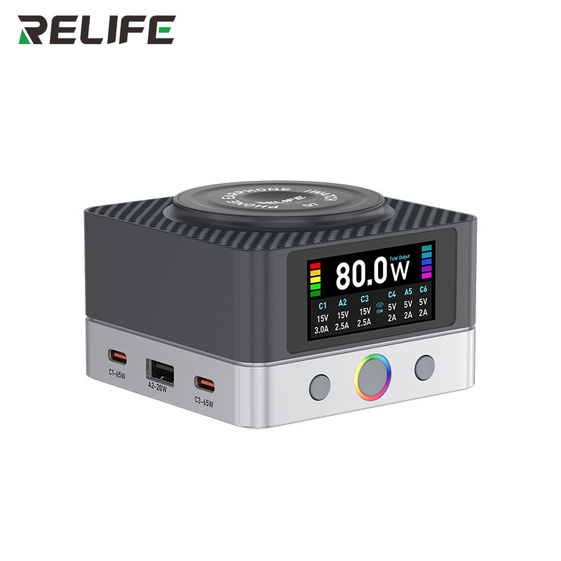 Швидкий зарядний пристрій RELIFE Q7 80W вид під кутом роз'єми USB-C та USB-A