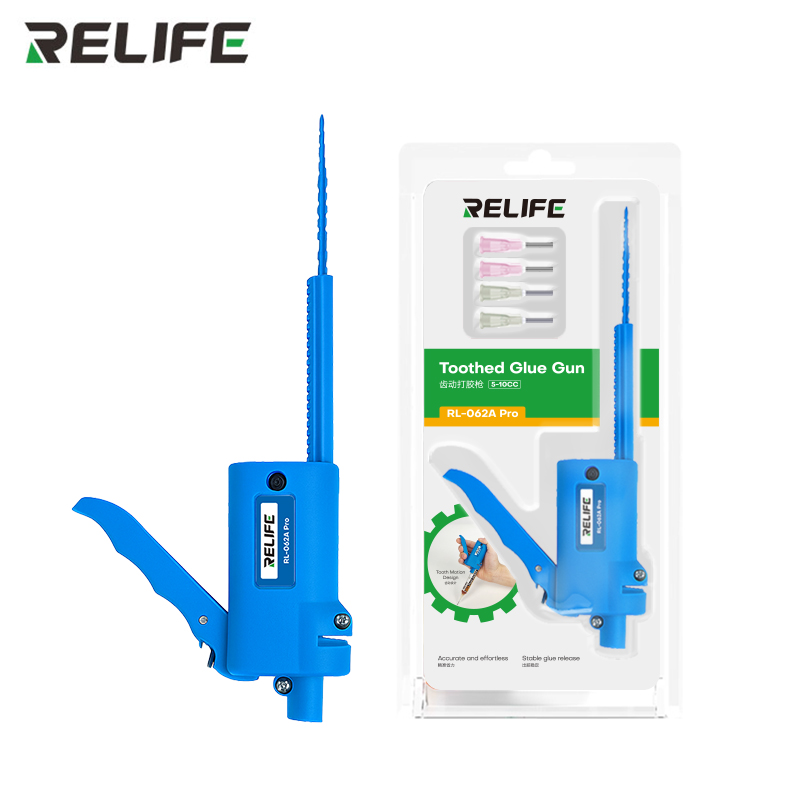 Диспенсер клея RELIFE RL-062A Pro рядом с розничной упаковкой и иглами в комплекте